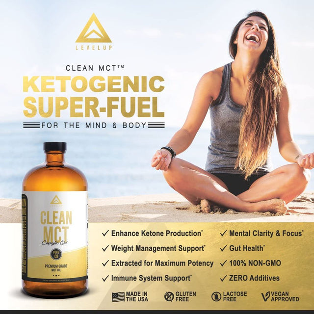 Levelup Clean MCT Oil - 100% Caprylic C8 for Energy, Focus, Weight Management, Gut Health, Brain Superfuel - Keto Supplement for Ketogenic Coffee and Ketones - Non-Gmo