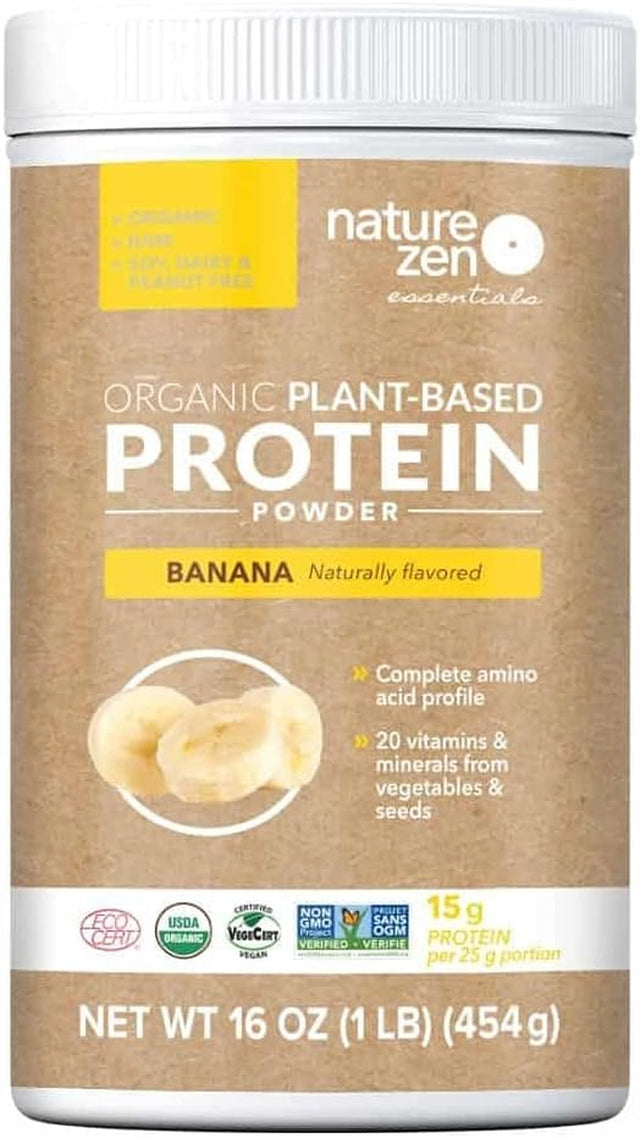 Nature Zen Organic Vegan Protein Powder From, Banana, Organic Rice and Pea Protein, Flaxseed Protein, Dairy Free, Soy Free, Gluten Free, Naturally Non GMO, Kosher, Halal, 18 Servings, 1Lb