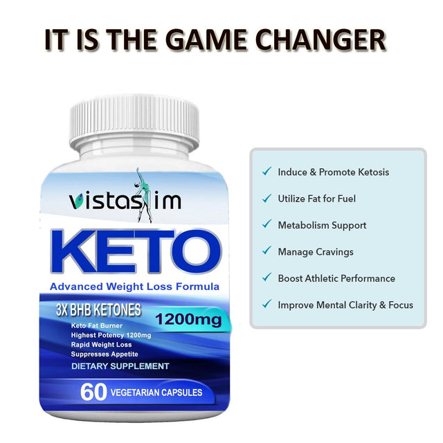 KETO BHB 1200Mg Pure Ketone 60 Pills Ketogenic Dietary Supplements Boost Energy & Burning Fat by Vistaslim