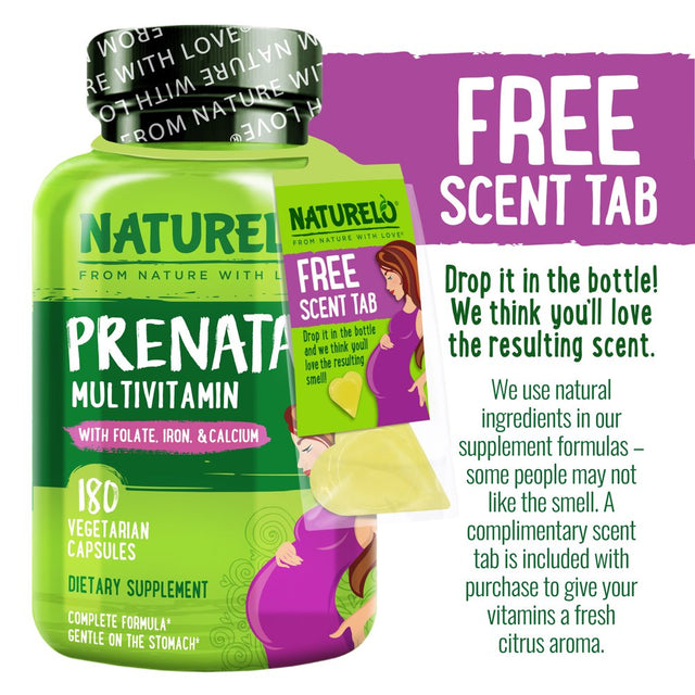 NATURELO Prenatal Multivitamin with Gentle Chelated Iron, Methyl Folate, Plant Calcium & Choline - Vegan, Vegetarian - Non-Gmo - Gluten Free - 180 Capsules