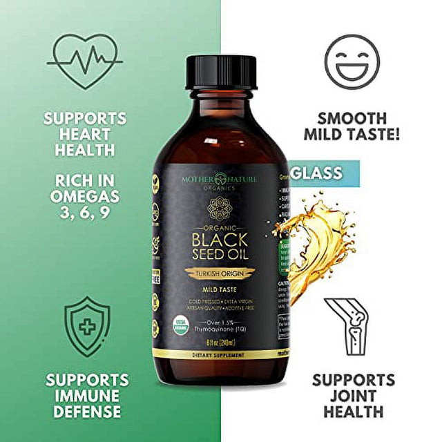 Mother Nature Organics Black Seed Oil - Organic Cold-Pressed Cumin Nigella Sativa for Immunity, Digestion, Joint Health & More - Non-Gmo Blackseed Oil, High Thymoquinon - Omega 3, 6, 9 - (8 Oz.)