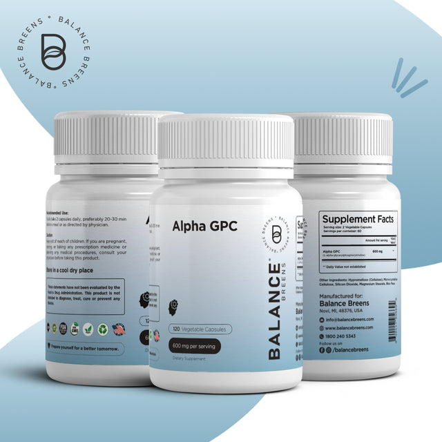 Balance Breens Alpha GPC Supplement 600Mg - 120 Vegan Capsules - Cognitive Support - Gluten Free and Non-Gmo