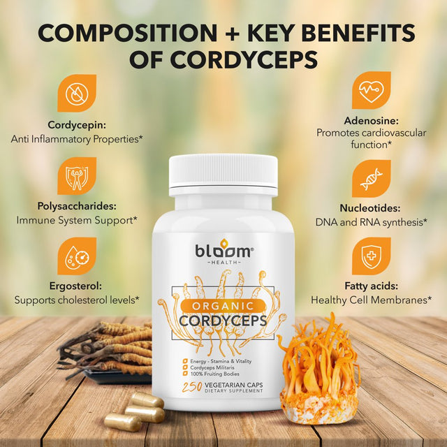 Bloom Health High-Power Cordyceps Mushroom 250 Veggie Capsules - Cordyceps Sinensis Mushroom Extract Energy Booster Supplement - 7% Polysaccharides with Alpha and Beta Glucans - Organic, Non-Gmo