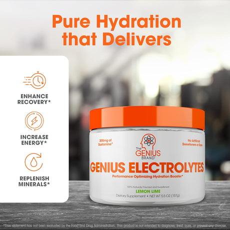 Genius Electrolytes Powder Drink Mix, Lemon Lime, 30 Servings - Natural Hydration Booster & Endurance Supplement with Potassium, Magnesium & Zinc - Sugar Free & No Artificial Sweeteners or Dyes