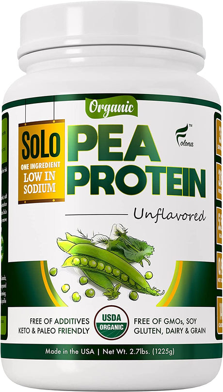 SOLO Organic Pea Protein Powder, Low in Sodium, Canada Grown Peas, 100% Vegan, Non-Gmo, Unflavored Plant Based Protein Powder with BCAA, Keto & Paleo Friendly, Easy to Digest, No Additives (2.7 Lbs)