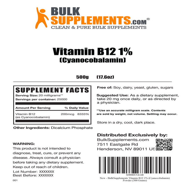 Bulksupplements.Com Vitamin B12 1% (Cyanocobalamin) Powder - Vitamin B 12 200 Mcg - Energy Vitamins - Cyanocobalamin B12 (500 Grams)