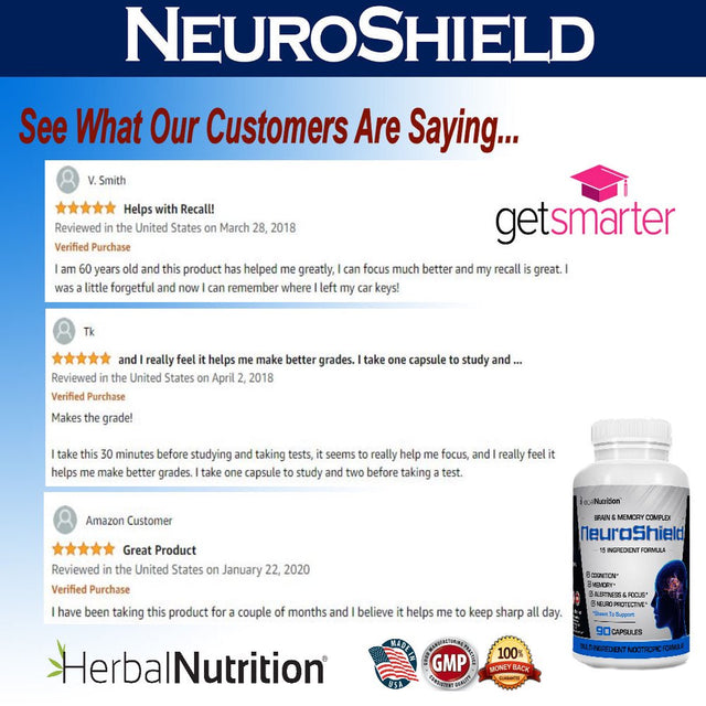 Neuroshield Advanced Memory Formula, Brian Boosting Ingredients, Bacopa, Huperzine-A & More Three Bottles