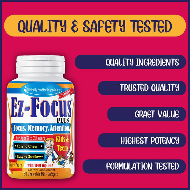 Ez Focus plus Brain Booster Kids Supplements, Support Kids Focus and Attention, Memory, Concentration, Clarity, Focus Supplement for Children and Teens, Brain Support Kids Memory Vitamins- 60 Ct