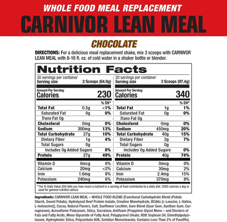 Musclemeds CARNIVOR LEAN MEAL Whole Food Meal Replacement Shake, MRE, Beef Protein Isolate, White Potato, Sweet Potato, 40G Protein, 40 G Carbs, Lactose Free, Sugar Free, Chocolate Fudge 20 Servings