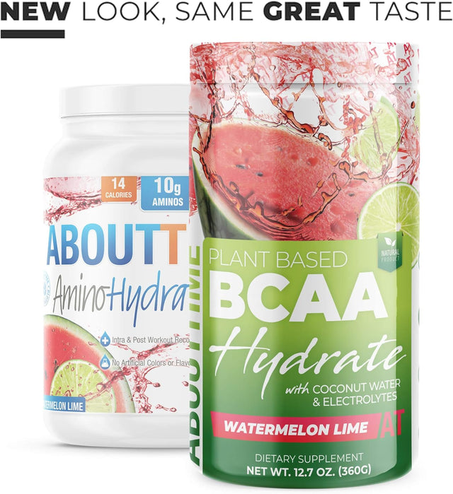 About Time Plant Based BCAA Hydrate with L-Glutamine & Electrolytes (Non-Gmo, Gluten Free, Monk Fruit Extract) - Watermelon Lime, 20 Servings