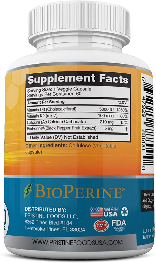 Pristine Foods Extra Strength Vitamin K2 (MK7) with D3 (5000 IU) Supplement - for Bone and Heart Health, Immune Health Support - 60 Capsules