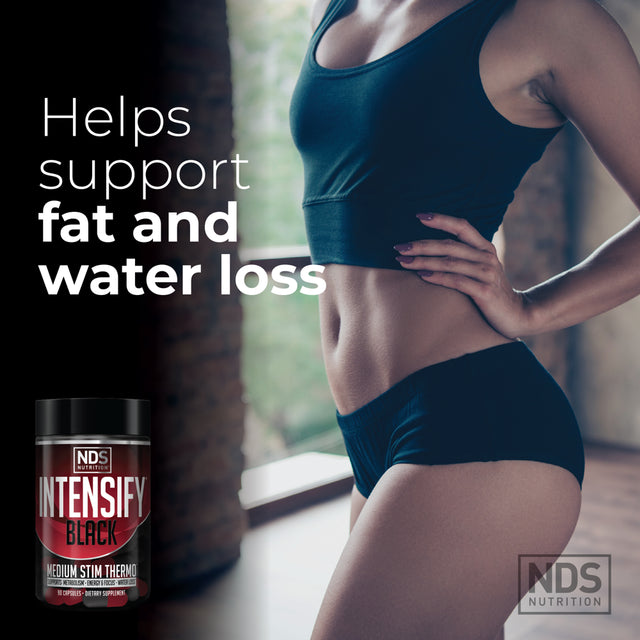 NDS Nutrition Intensify Black - Thermogenic Blend with Teacrine for Fat and Water Loss - Boost Metabolism, Burn Calories, Help Suppress Appetite - Improve Body Tone, Muscle Definition - 90 Capsules