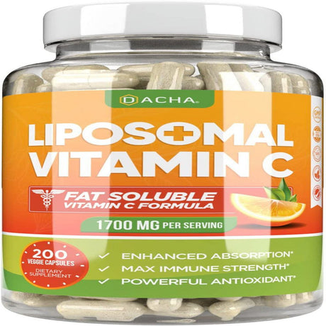 DACHA Natural Liposomal Vitamin C - 1700Mg, 200 Capsules, Immune System & Collagen Booster, High Absorption Fat Soluble VIT C, Buffered, Skin Vitamins, Sunflower Lecithin