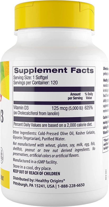 Healthy Origins Vitamin D3 5,000 IU (Non-Gmo, High Potency, Bone Support, Immune Support, Gluten Free), 120 Softgels