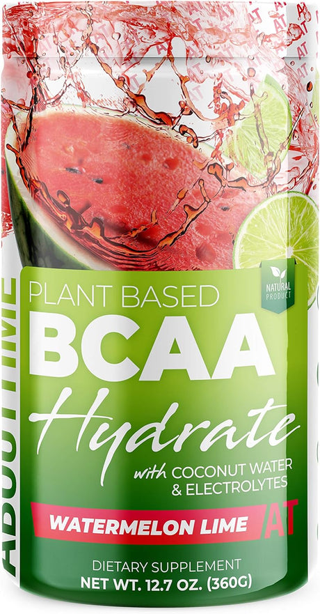 About Time Plant Based BCAA Hydrate with L-Glutamine & Electrolytes (Non-Gmo, Gluten Free, Monk Fruit Extract) - Watermelon Lime, 20 Servings