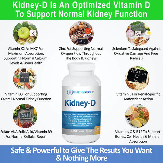 Healthy Kidney Kidney-D Kidney Supplement, Vitamin D3 for Kidney Support, 60 Capsules