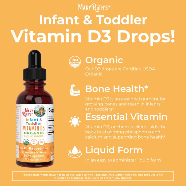 Maryruth Organics | Organic Infant and Toddler Vitamin D3 Liquid Drops | Vegan, Gluten Free, Non-Gmo | 90-150 Servings