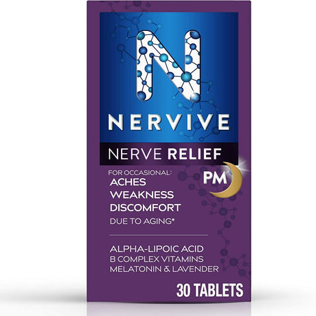 Nervive Nerve Relief PM for Nerve Aches Weakness Discomfort in Fingers Toes Hands Feet Alpha Lipoic Acid ALA Vitamin B1 Vitamin B6 Melatonin Chamomile Lavender 30Day Tablet Supply, 30 Count