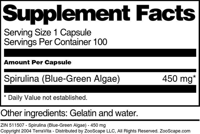 Terravita Spirulina (Blue-Green Algae) - 450 Mg, (100 Capsules, 1-Pack, Zin: 511507)