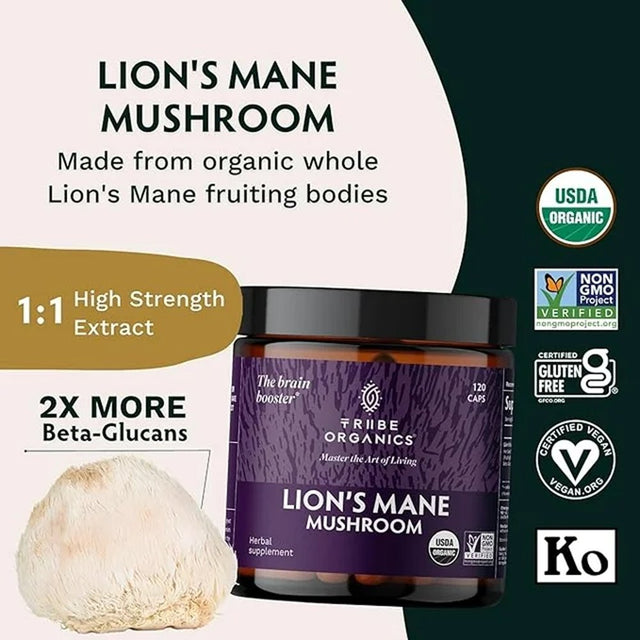 Tribe Organics Lion’S Mane 1800Mg Organic Vegan Herbal Supplement for Mental Clarity 120 Capsules