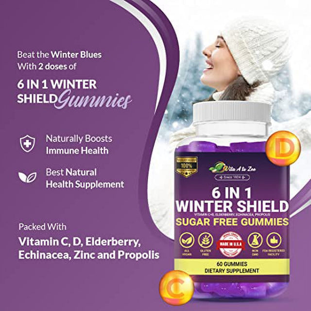 Vita a to Zee 6 in 1 Winter Shield Sugar-Free Gummies | Vitamin C + D, Zinc, Elderberry, Echinacea, Propolis | Support Immunity, Digestive & Respiratory System | Gluten Free, GMO Free, 60 Gummies