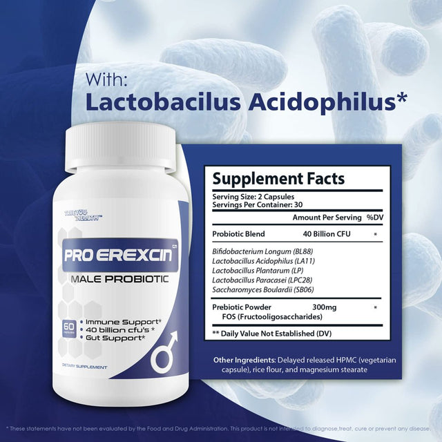 Probiotic Pro Erexcin - Male Probiotic - Support Gut Health, Natural Immune Function, & Overall Male Health - Mens Probiotic Formula Made with Premium Probiotics and Prebiotics - 40 Billion Cfu’S