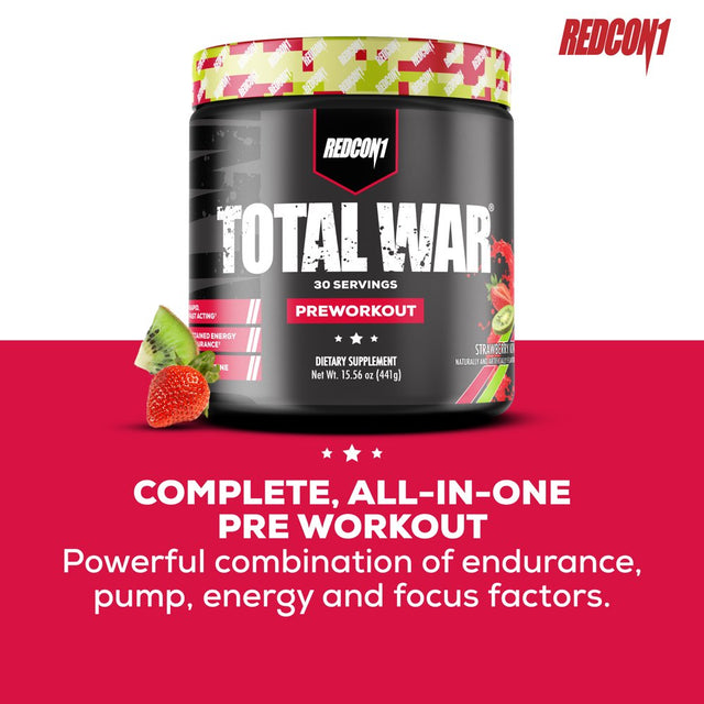 Redcon1 Total War Pre-Workout Powder, Strawberry Kiwi, 30 Servings