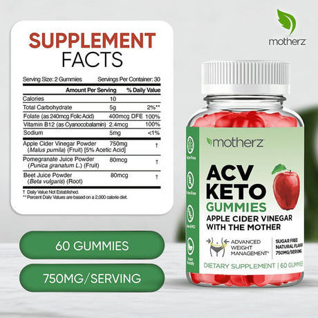 ACV Keto Gummies with Apple Cider Vinegar (With the Mother) - Sugar Free Keto ACV Gummies for Weight Management Fat Loss Cleanse & Detox – Natural Apple Flavor – Non-Gmo – Gluten-Free – Vegan