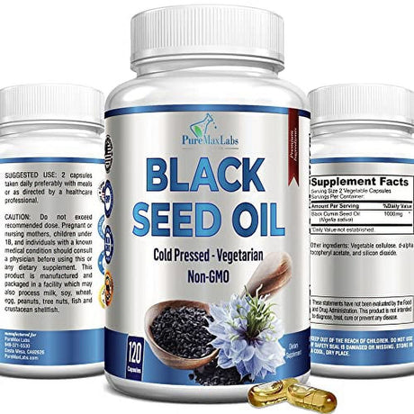 Cold Pressed Black Seed Oil - 120 Capsules, Premium Nigella Sativa Pure Black Cumin Seed Oil with Vitamin E, for Hair, Skin & Immune Health - Non-Gmo 120 Capsules