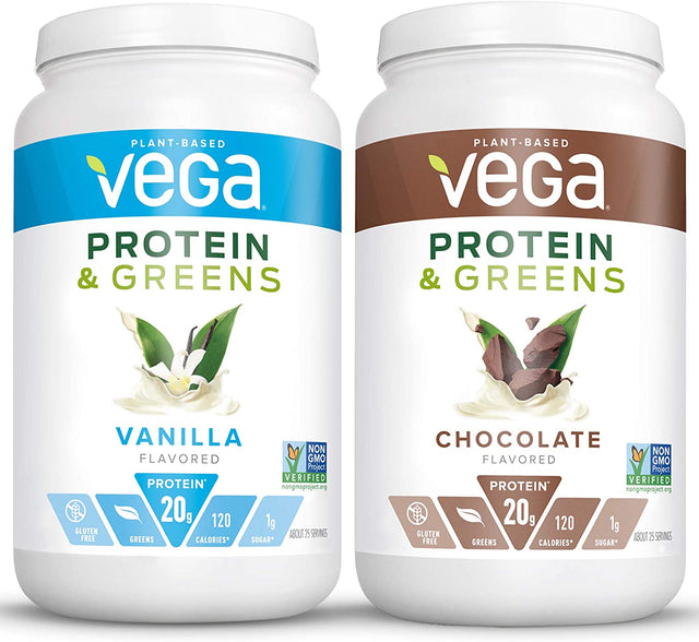 Vega Protein & Greens Bundle, Chocolate + Vanilla (25 Servings Each) - Plant Based Protein Powder, Keto-Friendly, Gluten Free, Non Dairy, Vegan, Non Soy, Non GMO, Lactose Free