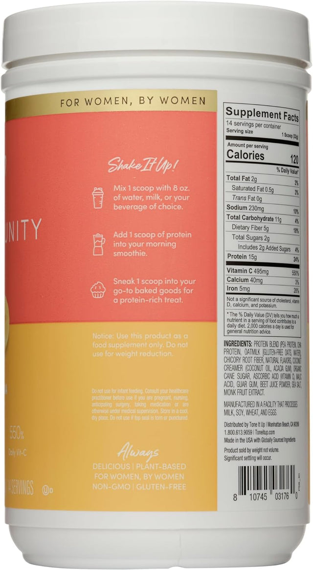 Tone It up Plant Based Protein + Immunity Powder I Dairy Free, Gluten-Free, Kosher, Non-Gmo Pea & Chia Seed Protein and Oat Milk for Women I 14 Servings, 15G of Protein + Vitamin C – Strawberry Banana