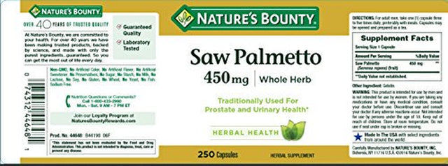 Nature'S Bounty Saw Palmetto Support for Prostate and Urinary Health, Herbal Health Supplement, 450Mg, 250 Capsules