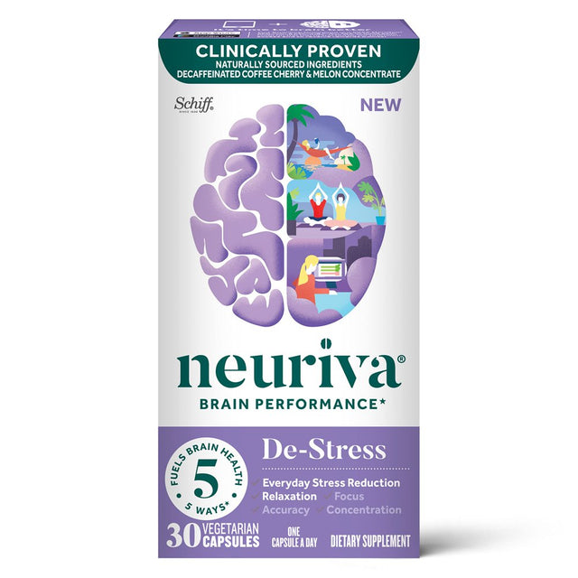 NEURIVA Destress Brain Supplement (30 Count in a Box) for Focus, Concentration & Accuracy for Relaxation & Everyday Stress Reduction