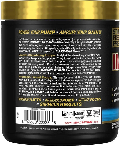 ALLMAX IMPACT PUMP, Blue Raspberry - 360 G - Stim-Free Pre-Workout Formula - Boosts Pumps & Mind-Muscle Connection - with Citrulline Malate & Lion’S Mane - up to 30 Servings