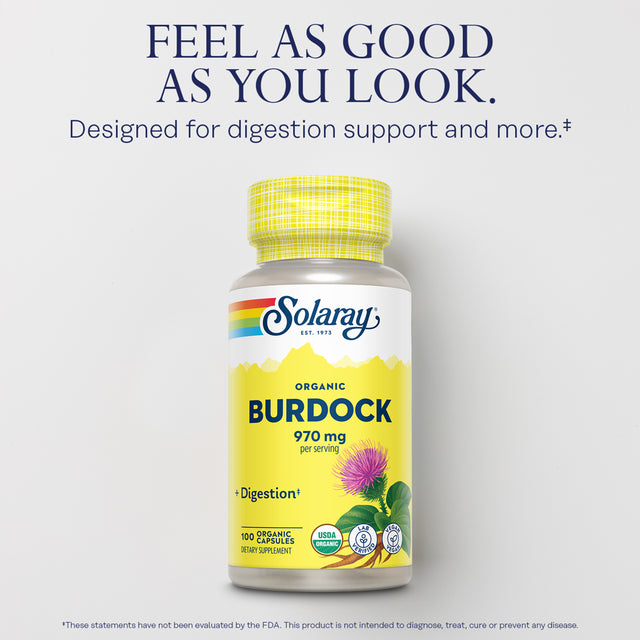 Solaray Organic Burdock Root 970 Mg - Digestive Support Supplement - USDA Burdock Root Organic - Vegan, Lab Verified, 60-Day Money-Back Guarantee - 50 Servings, 100 Organic Capsules