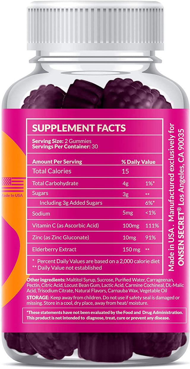 Onsen Lift Elderberry Gummies 150Mg - Complete Elderberry Immune Support with Vitamin C & Zinc, Daily Immunity Boost with Antioxidants, Plant-Based No Gelatin for Easier Absorption, 60 Gummies