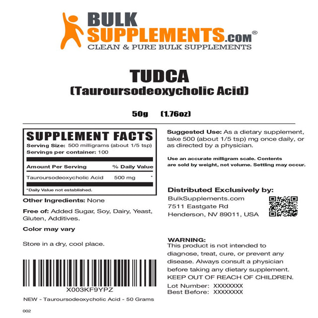 Bulksupplements.Com TUDCA Powder, 500Mg - Brain, Vision, & Liver Support Supplement (50G - 100 Serv)