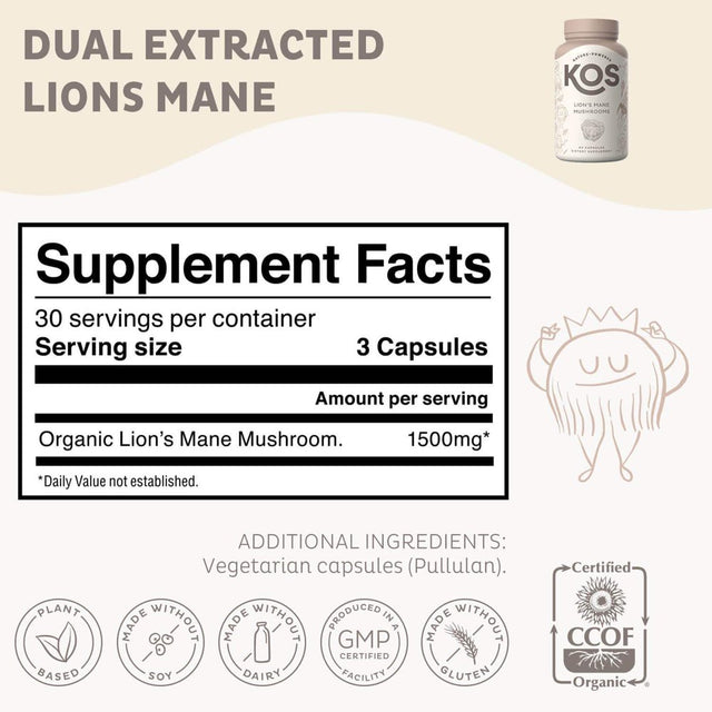 KOS Organic Lion'S Mane Mushroom Capsules, 1500Mg, 90 Count