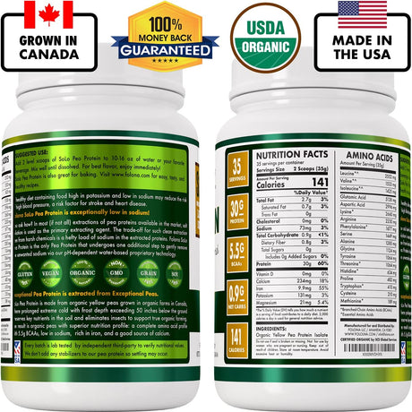 SOLO Organic Pea Protein Powder, Low in Sodium, Canada Grown Peas, 100% Vegan, Non-Gmo, Unflavored Plant Based Protein Powder with BCAA, Keto & Paleo Friendly, Easy to Digest, No Additives (2.7 Lbs)