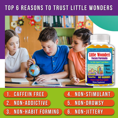 Little Wonders Brain Booster Supplement Focus Gummies for Kids & Teens Brain Support Gummy Vitamins for Kids, Memory Supplement for Brain, Kids Omega 3 Gummies, Focus Supplement 1 Bottle 60 Ct