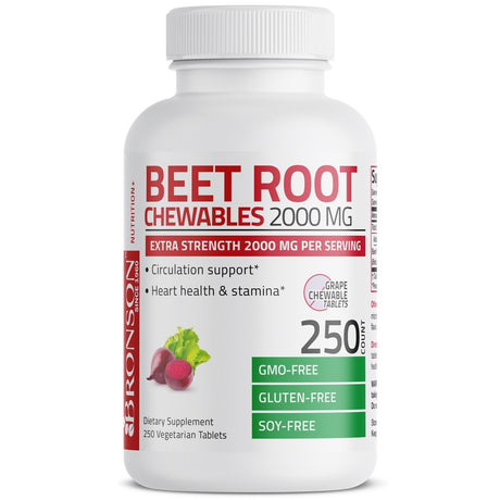 Bronson Beet Root Chewables 2000 MG, Grape Flavored - Extra Strength 2000 MG per Serving Circulation Support Heart Health & Stamina, NON-GMO, 250 Vegetarian Grape Flavored Chewable Tablets