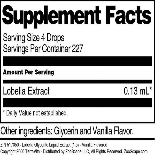 Terravita Lobelia Glycerite Liquid Extract (1:5) - Vanilla Flavored, (Vanilla, 1 Oz, 1-Pack, Zin: 517050)