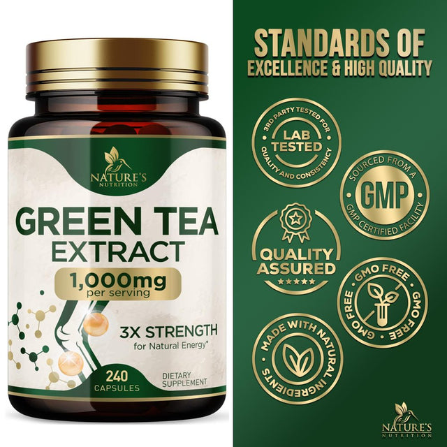 Nature'S Green Tea Extract Pills 98% Standardized EGCG 1000Mg - 3X Strength for Natural Energy & Supports Heart Antioxidant Health - Herbal Supplement with Polyphenols, Vegan, Non-Gmo - 240 Capsules