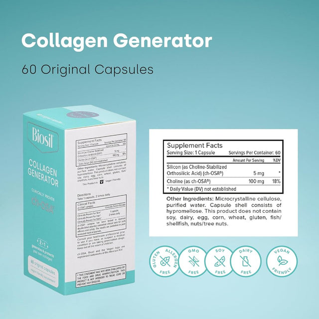 Biosil Advanced Collagen Generator Pills - Patented & Clinically Tested Collagen Booster Supplement for Hair, Skin and Nails & Bone and Joint Support - Easy to Swallow Mini Capsules 60Ct