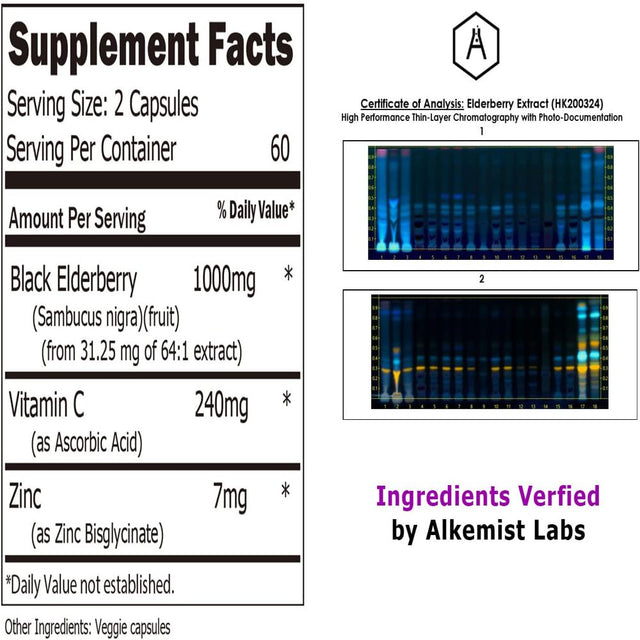 Elderberry Capsules with Zinc & Vitamin C - 120 Capsules, Sambucus Elderberries for Immune Support, Skin Health - Veggie Caps