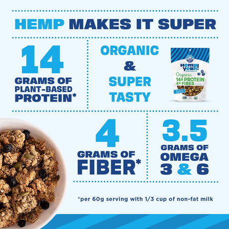 Manitoba Harvest Hemp Yeah! Granola, Blueberry, 10Oz, with 14 G of Protein, 3.5 G Omegas 3 & 6, 4 G of Fiber and Less than 10 G Sugar per Serving, Organic, Non-Gmo, (Pack of 3) Packaging May Vary