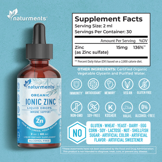 Naturments Zinc Liquid Drops Supplement: Immune Support - Maximum Strength Pure Organic Ionic Liquid Zinc Sulfate for Adults & Kids - Brain and Thyroid Support - Vegan, Non-Gmo, Gluten Free - 2 Oz