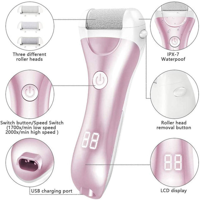 Electric Callus Remover - Rechargeable Foot File Callus Shaver Hard Skin Remover Pedicure Tools with 3 Roller Heads, for Cracked Heels Calluses and Dead Skin, 2 Speed, Battery Display (Pink)