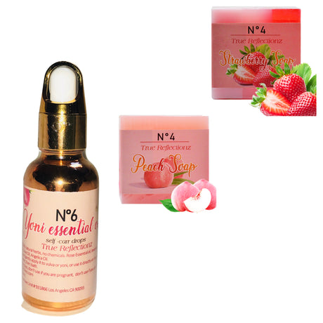 Yoni Oil and Soap Set 3 Piece Set Natural Yoni Oil for Women. Feminine Oil, Eliminates Odor, Restores PH Balance, Handmade Soap Strawberry Soap, Peach Soap. Yoni Wash Feminine Hygiene