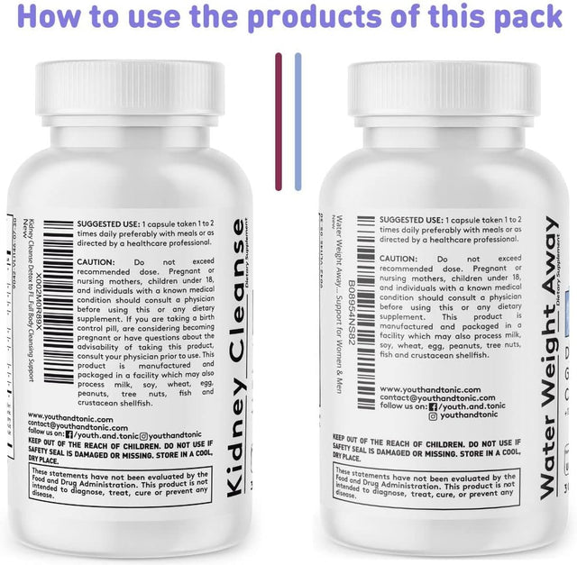 Youth & Tonic Daily Water Retention Pills for Kidney Cleanse Swelling and Excess Body Fluids & Metabolic Waste / 30 + 30 Capsules